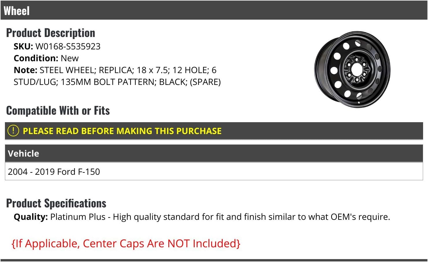 Steel Wheel - Black - 18 x 7.5 Inch - Compatible with 2004-2019 Ford F150