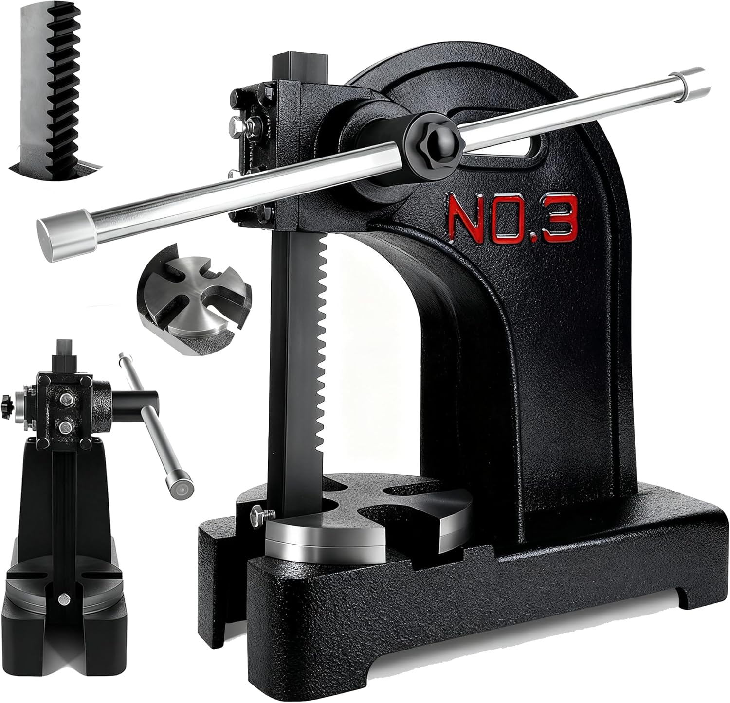 3 Ton Arbor Press, Ratchet Leverage Press with Hand Wheel, 22.24’’ Maximum Height, Heavy duty Metal Punch Press Machine with 3 Drift, for Bending, Metal Punching