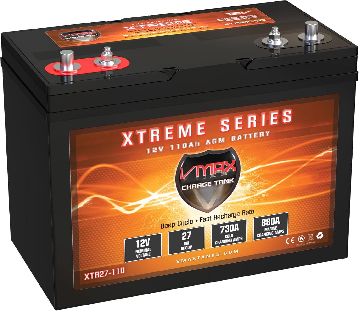 VMAX XTR27-110 AGM Marine Battery 12V 110Ah Group 27 Sealed Deep Cycle High Performance