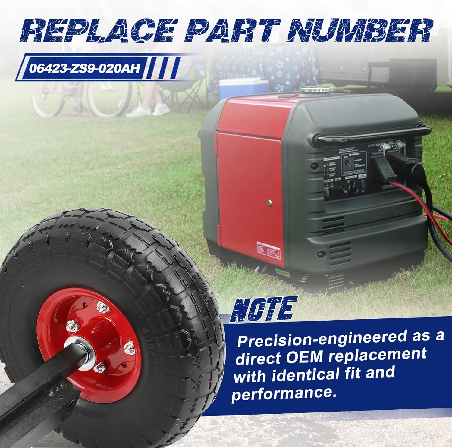 Red All Terrain Wheel Kit, Fit For Honda EU3000is Generator, Solid Tires, OE 06423-ZS9-020AH, 06423ZS9020AH