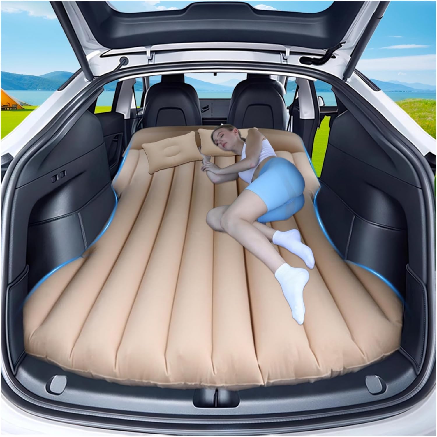 Car Air Mattress - Camping Bed Inflatable Airmattress for Tesla Model Y Backseat Trunk, 6.4FT Foldable Pad Portable Car Air Bed Sleeping Mat for SUV RV VAN Truck Travel Tent Road Trip Home (Grey)