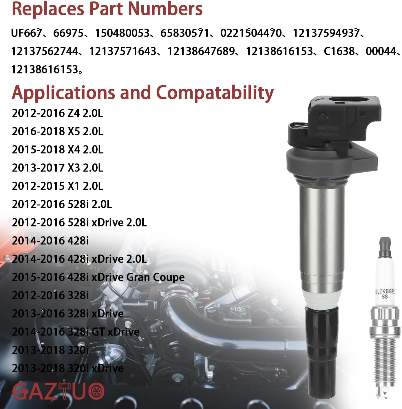Ignition Coil Pack UF667 and Spark Plugs (Set of 4) Compatible with BMW 228i 320i 328i 428i 528i X1 X3 X4 X5 Z4 xDrive GT Gran Coupe GC 2.0L For # 12138616153 C1638 00044