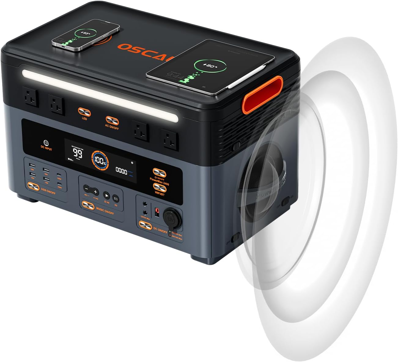 Oscal PM2400 Portable Power Station, 1872Wh LiFePO4 Home Backup Battery, Dual Speaker 2400W Solar Generator(Surge 4800W), Dual Wireless Charging Pad, with 2 * 200W solar panel