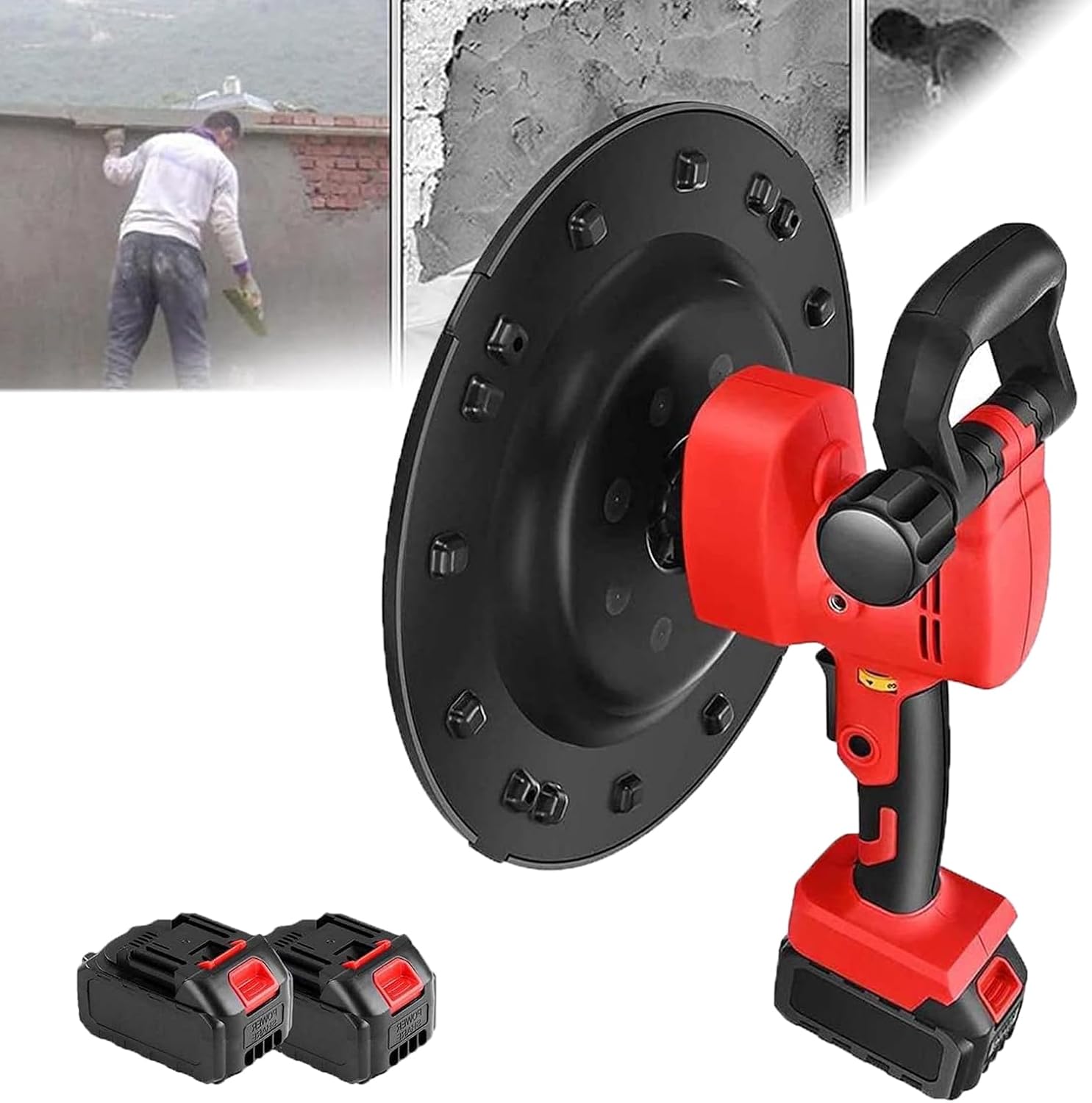 1680W Cordless Handheld Cement Plasterer | Electric Wall Smoothing Polisher | 6-Speed Concrete Mortar Trowel | for Professional Putty Finishing and Surface Leveling (Red, 2 Battery)