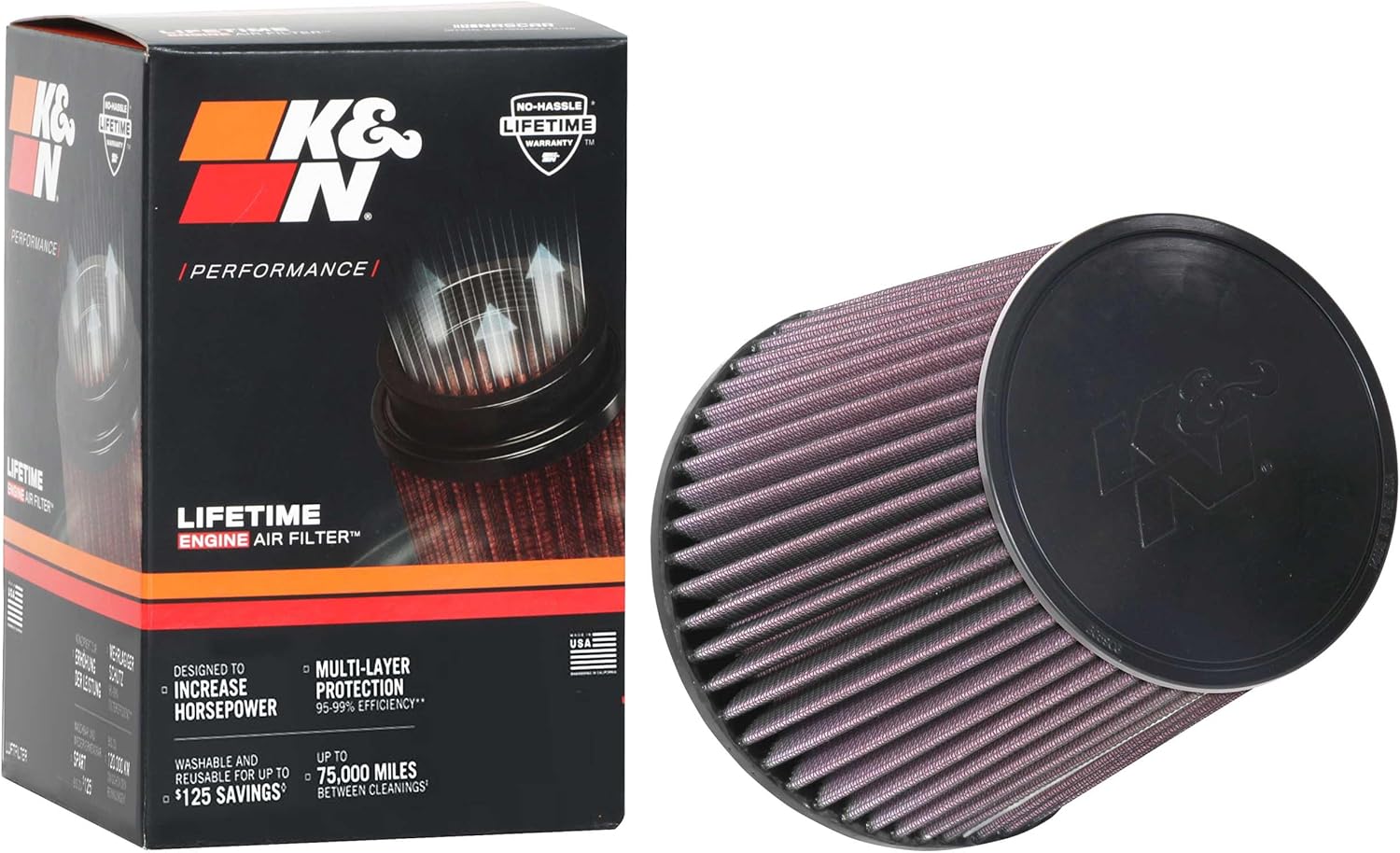 K&N High-Flow Original Lifetime Universal Clamp-On Air Filter: High Performance, Premium, Washable: Flange Diameter: 5 In, Filter Height: 6.5 In, Flange Length: 1 In, Shape: Round Tapered, RU-1037