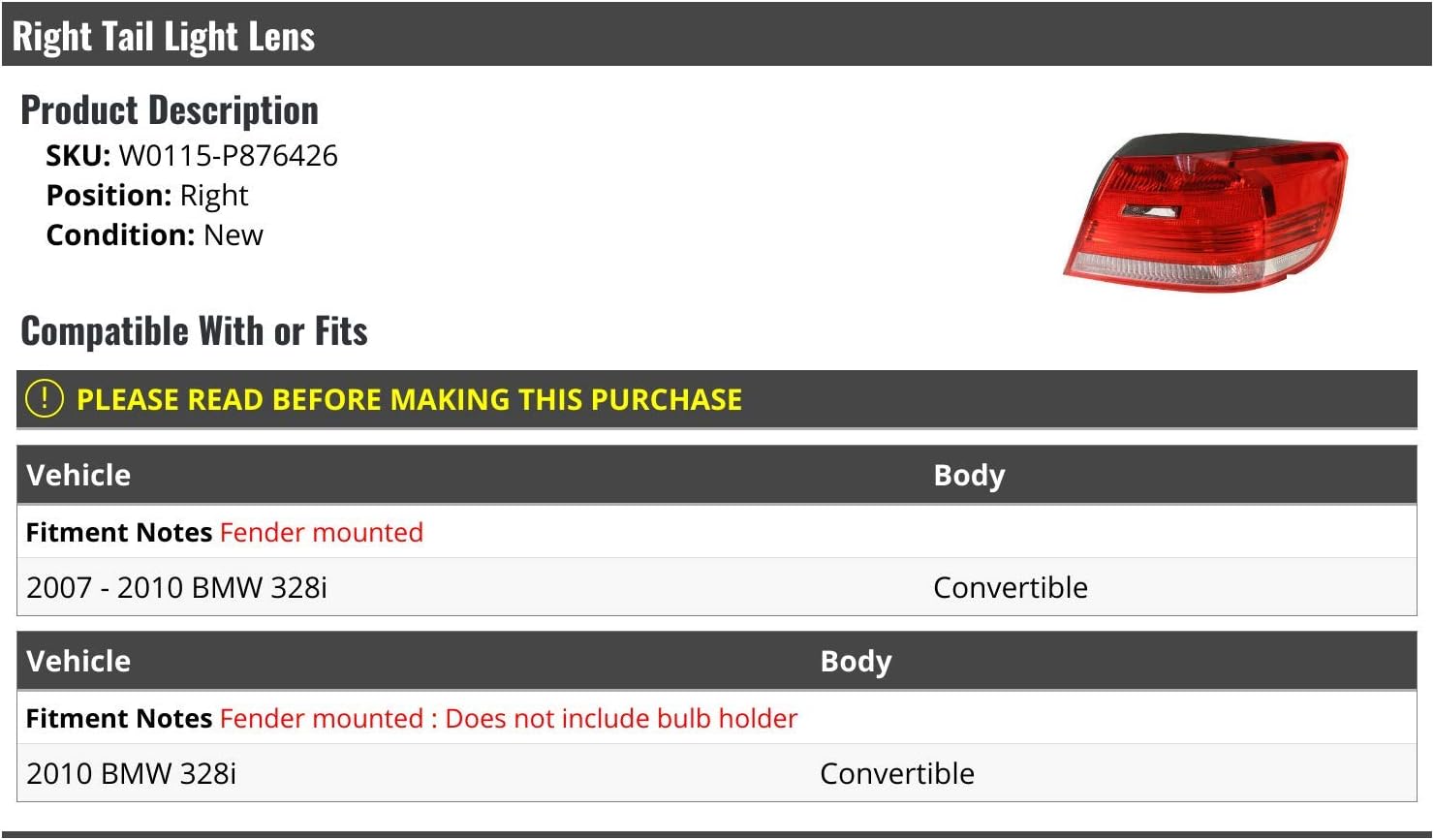Right Passenger Side Tail Light Lens - Fender Mounted - Compatible with 2007-2010 BMW 328i Convertible