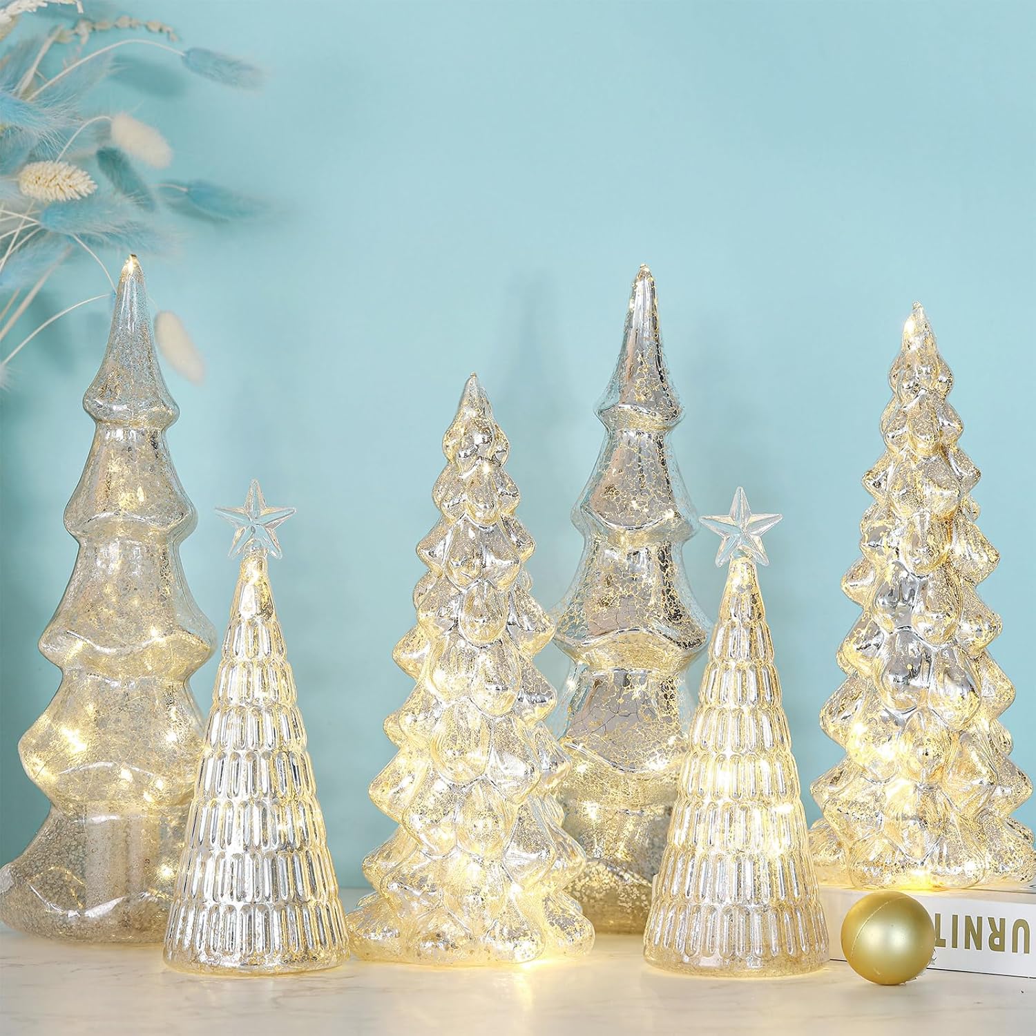 6 Pcs Mercury Glass Christmas Tree Silver Plate Glass Figurines with LED Fairy Lights 11 in Tall Silver Finish Light up Christmas Tree Ornaments Holiday Table Centerpiece Tabletop(Elegant)