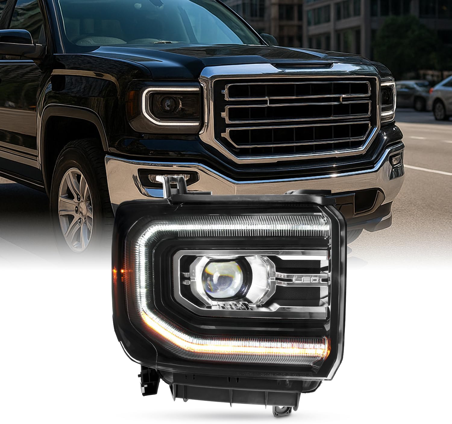 AKKON - Fits 2016-2018 GMC Sierra 1500 2019 1500 Limited [FULL LED] Projector Black Headlights w/DRL Tube Passenger