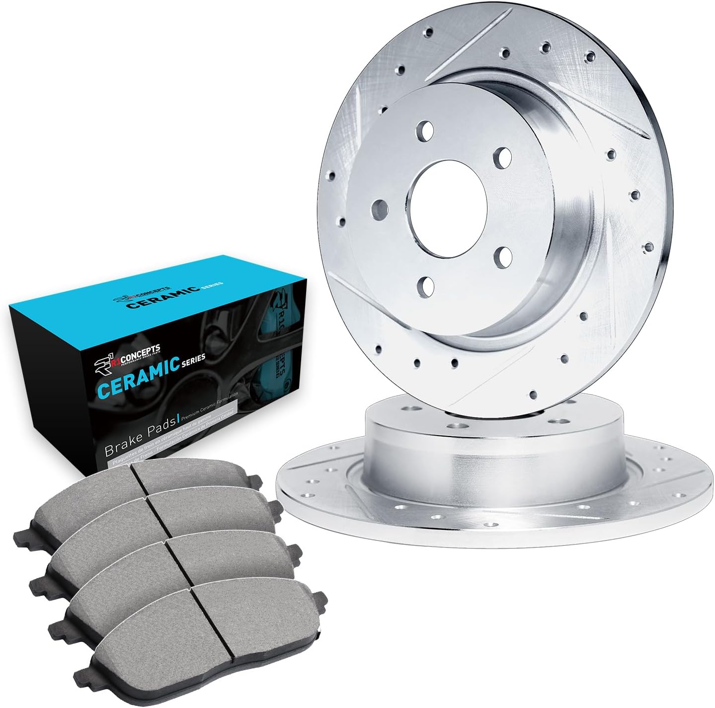 R1 Concepts Rear Brakes and Rotors| Drilled Slotted Brake Rotors| Rear Ceramic Brake Pads and Rotors Kit| Brake Kit| Automotive Replacement Brake Kits