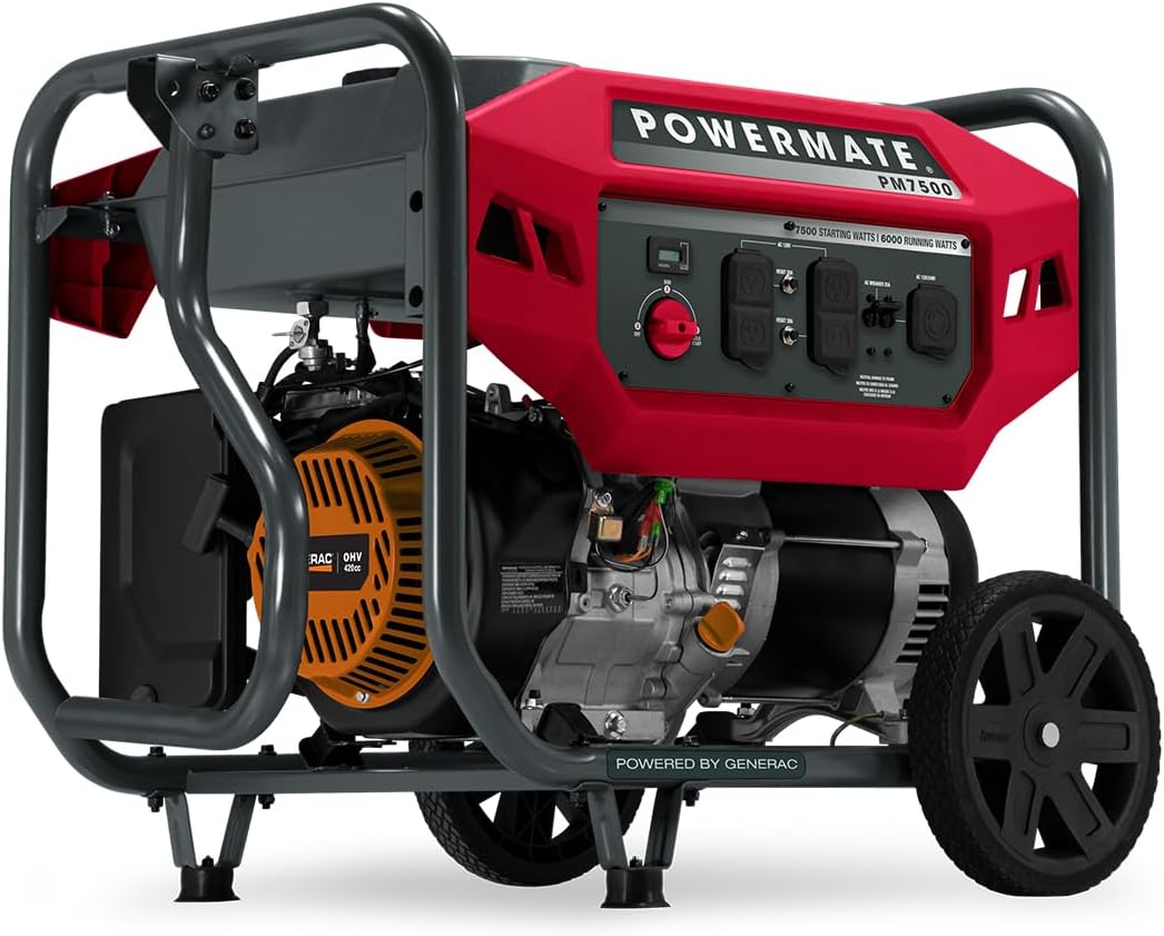 Powermate PM7500 7,500-Watt Gas-Powered Portable Open Frame Generator - COsense Technology - Quiet Operation - Reliable Power for Home & Outdoor - Engine Powered by Generac - 49 State/CSA - Red/Black