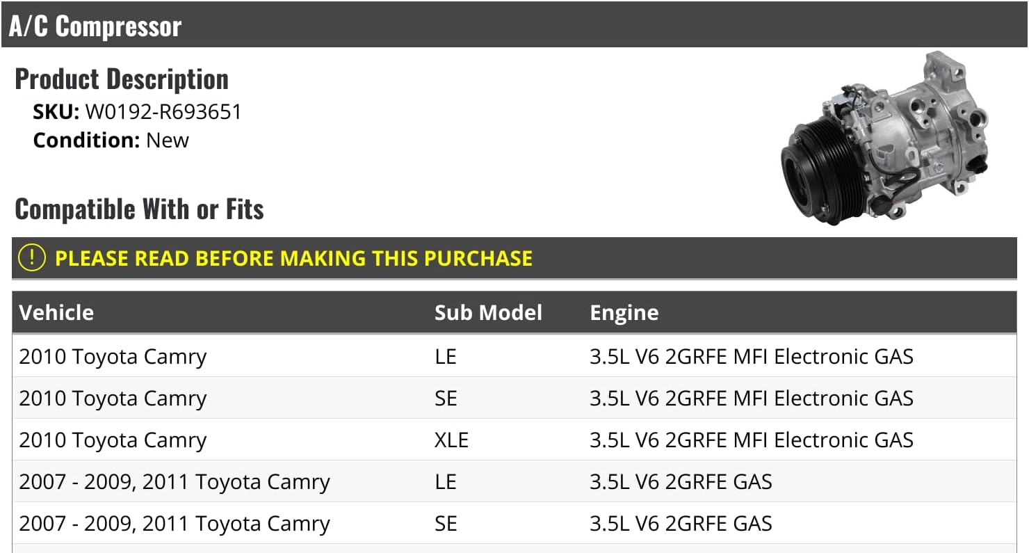 A/C Compressor - Compatible with 2007-2011 Toyota Camry 3.5L V6