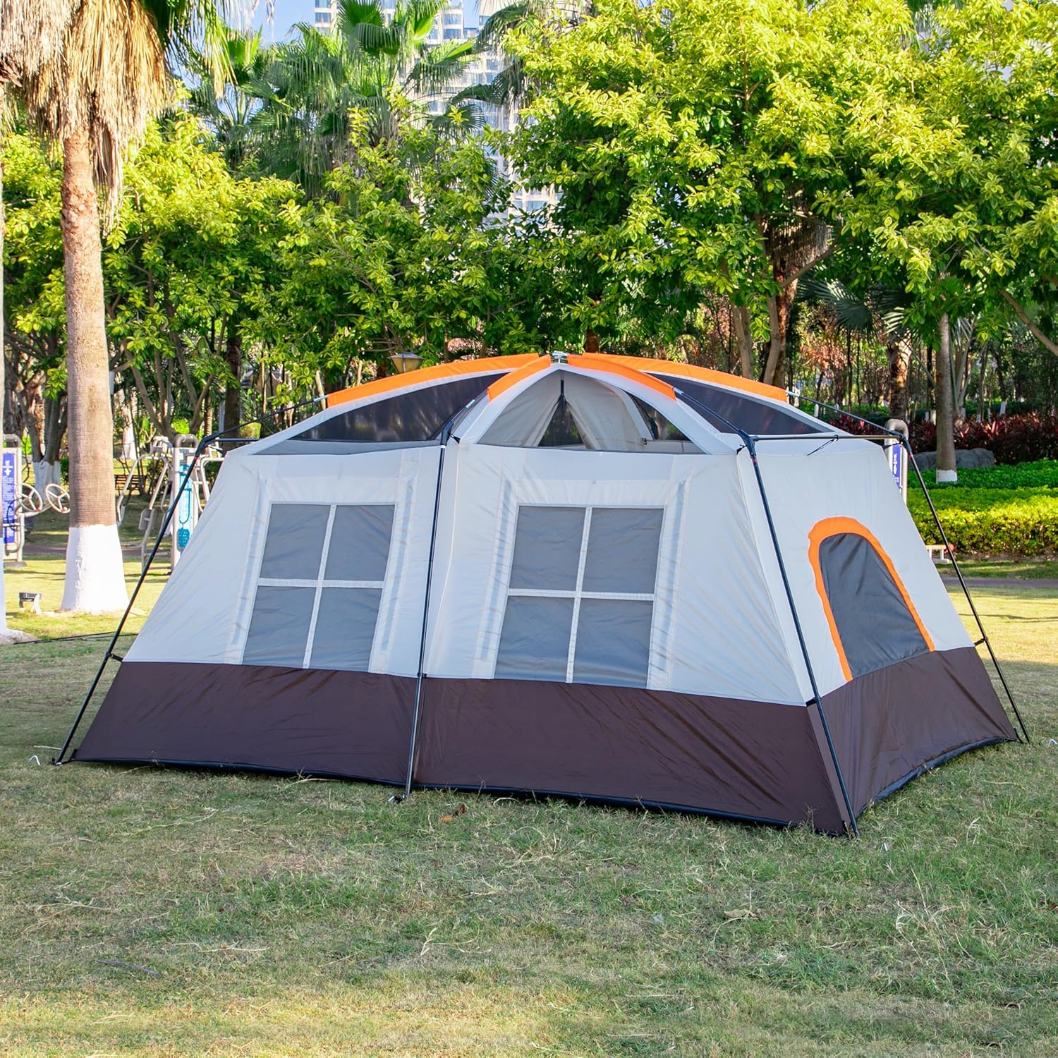 KTT Large Family Cabin Tent 10-12 Person,14.1X10X6.58ft,2 Rooms,3 Storage Pockets,2 Bay-Windows 3 Doors and 3 Windows with Mesh,Straight Wall,Waterproof,Double Layer,Big Tent for Outdoor,Camping