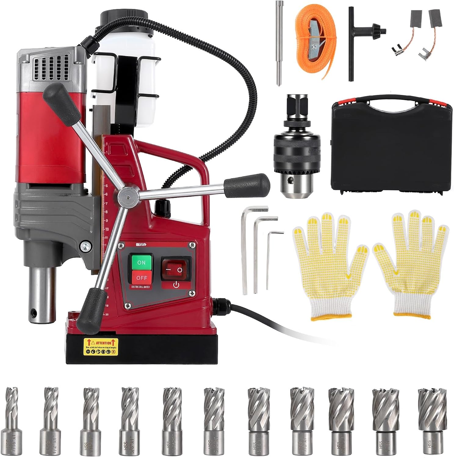 Magnetic Drill Press 1450 w Motor 1.57 in Boring Diameter 2922 Lbf/13000n Power Magnetic Drill 0-820 RPM Adjustable Speed Mag Drill Press for Metal Surface Industrial and Home Improvement