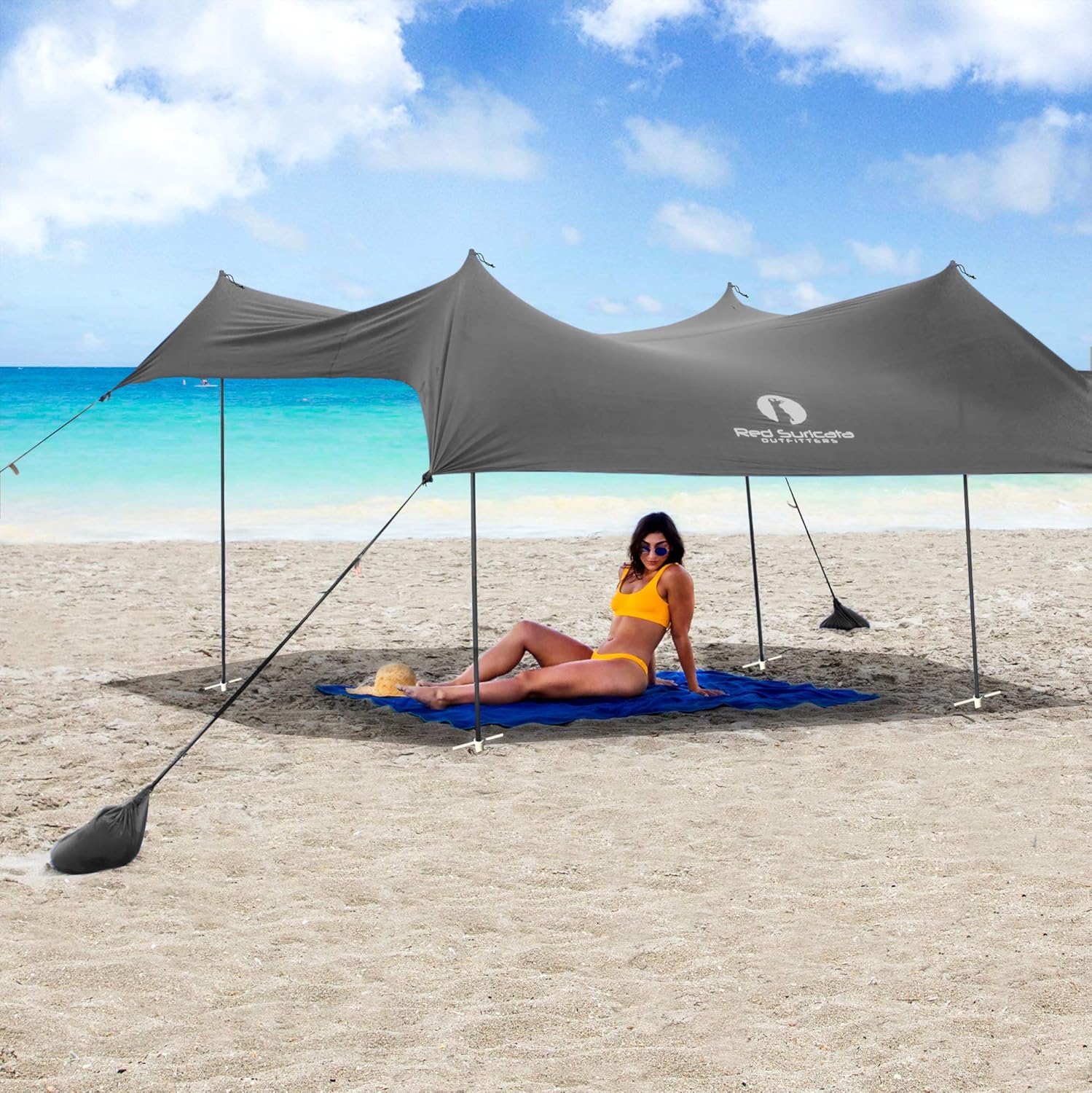 Red Suricata Family Beach Tent & Beach Canopy, UPF50 Sun Beach Shade, Sunshade with 4 Aluminum Poles, 4 Pole Anchors & Sand Shovel, Medium & Portable Sun Shelter Tarp (Medium, Red)