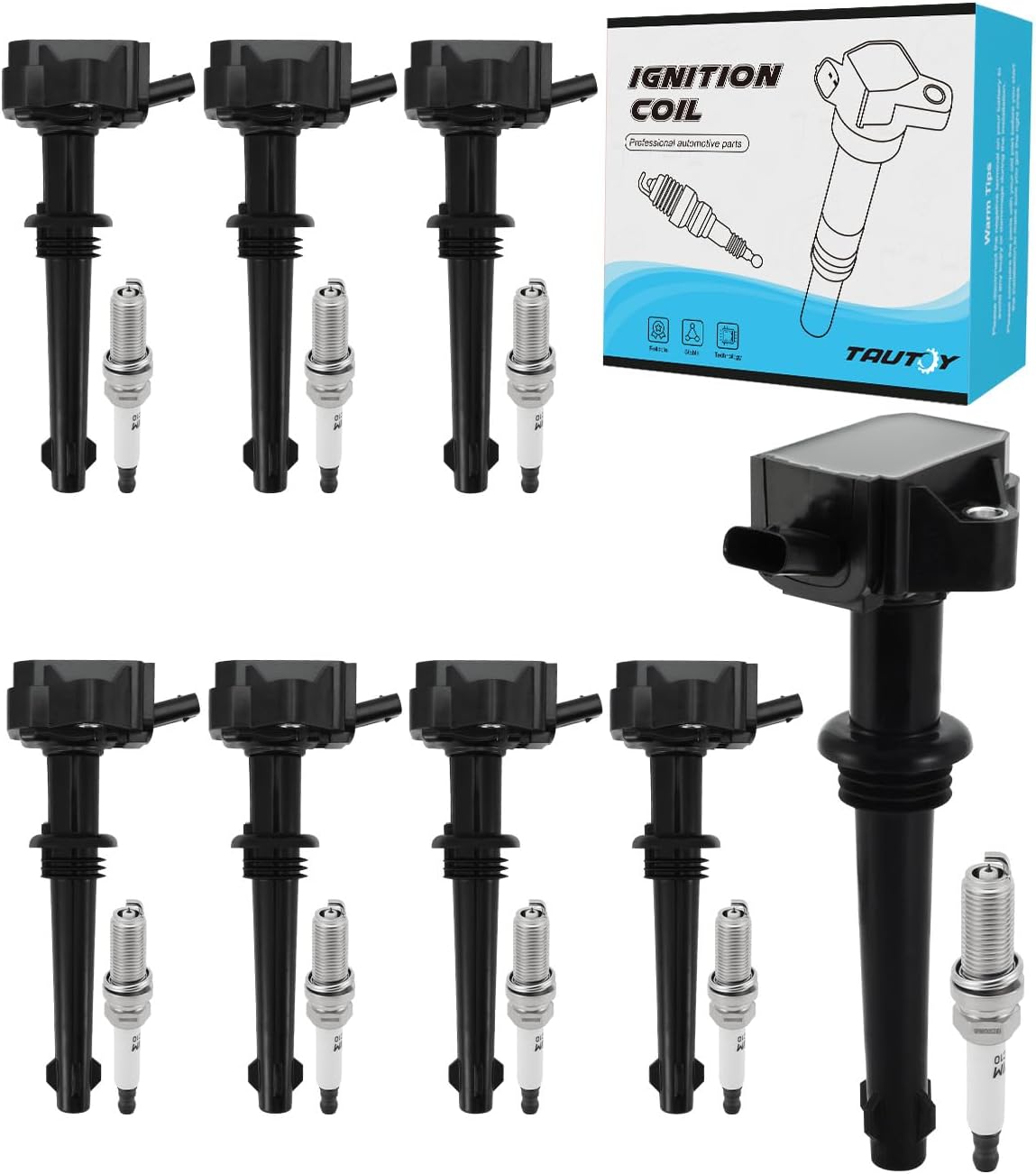 Set Of 8 UF618 LR010687 Ignition Coil Pack & Iridium Spark Plugs (5.0L Only) For 2010-2012 Jaguar XF XFR XJ XK XKR-S, For Land Rover LR4 Range Rover Sport 2010-2013, Replace # GN10591 UF637