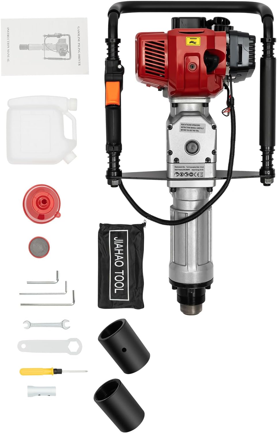 52CC 2-Stroke T-Post Driver, 1900W Powers Gasoline Pile Drivers, 6500RPM speed 3.5N.m Torque 2 Post Driving-head Petrol Post Rammer Anti-slip HDR Protective Heavy-Duty Push Piles w/Tools Kit