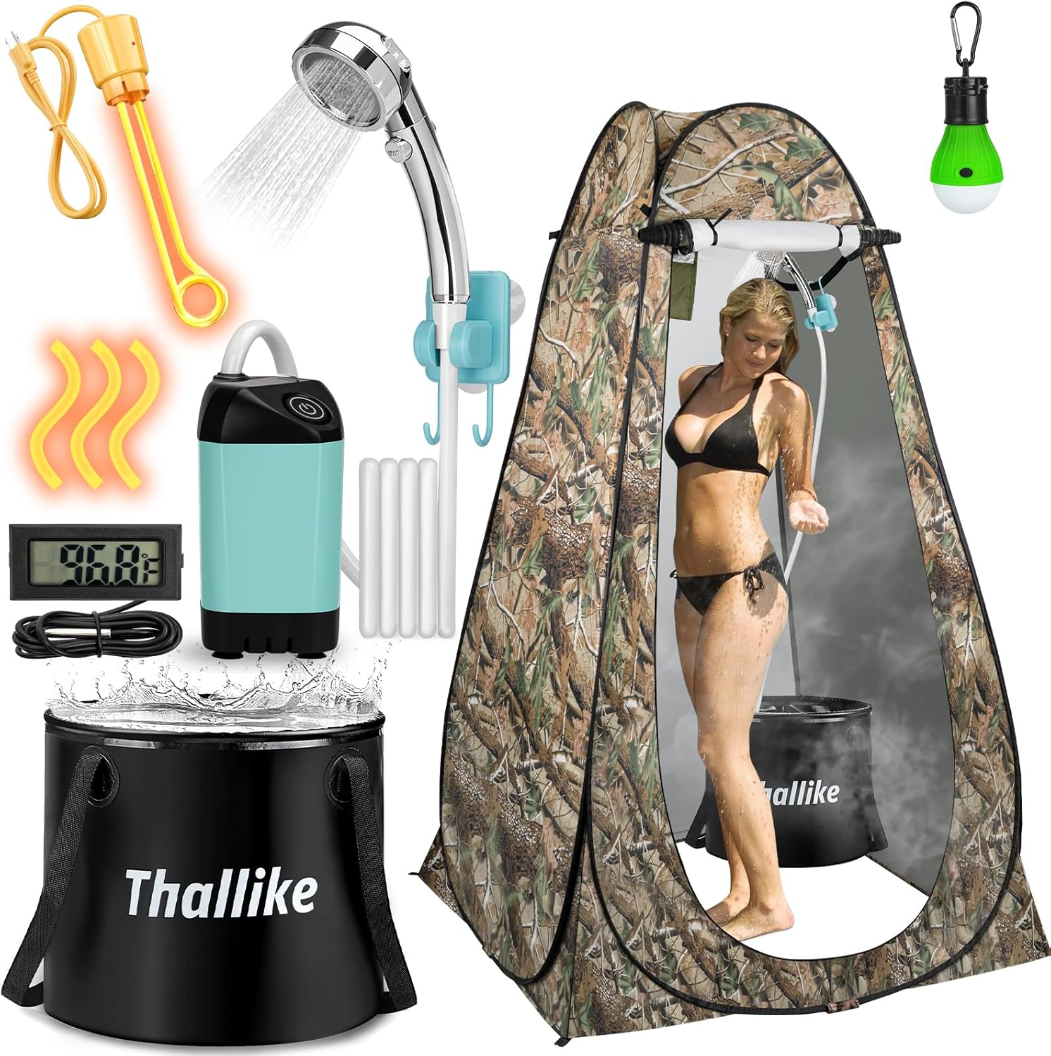 Portable Hot Shower for Camping Shower Tent Kit, 1000W Immersion Heater, Rechargeable Camping Shower Pump, Pop Up Shower Tent with 6.6 Gallons Folding Bucket for Adults Outdoor