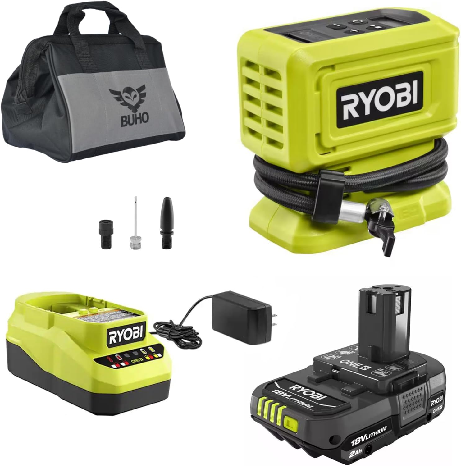 Buho Cordless Inflator Accessory Bundle - Ryobi 18 Volt High Pressure Inflator 2.0 Ah Battery 18V Charger Tool Bag for Tires and Inflatables