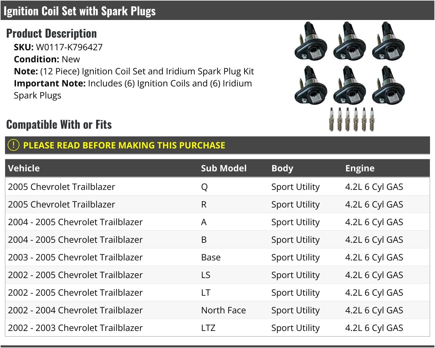 Ignition Coil and Iridium Spark Plug Kit - 12-Piece - Compatible with 2002-2005 Chevy Trailblazer Sport Utility 4.2L 6-Cylinder Gas