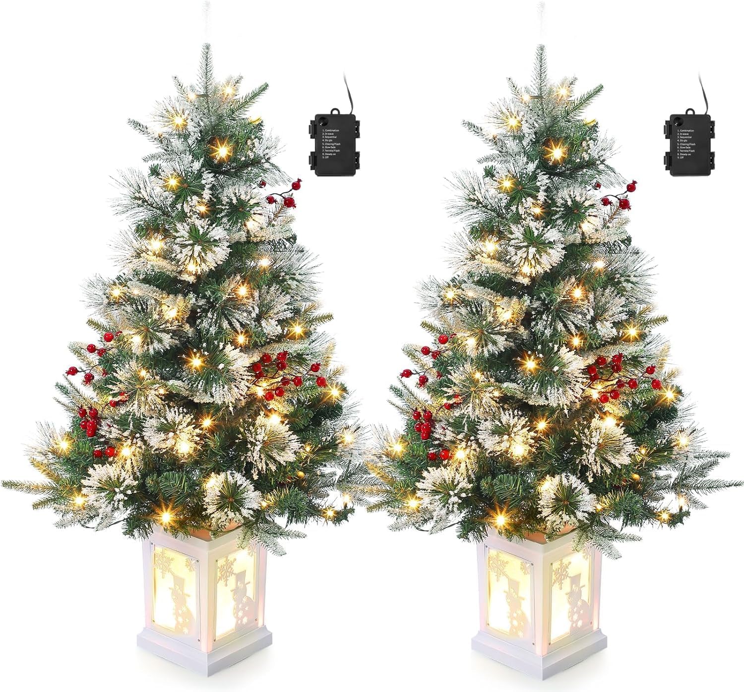 3 Ft Christmas Tree with Snowman Base,Artificial Holiday Christmas Tree with 78 Led Lights, Red Berry Decorations, 8-Mode Battery Box, Holiday Ready, Easy Installation, 2-Piece Set