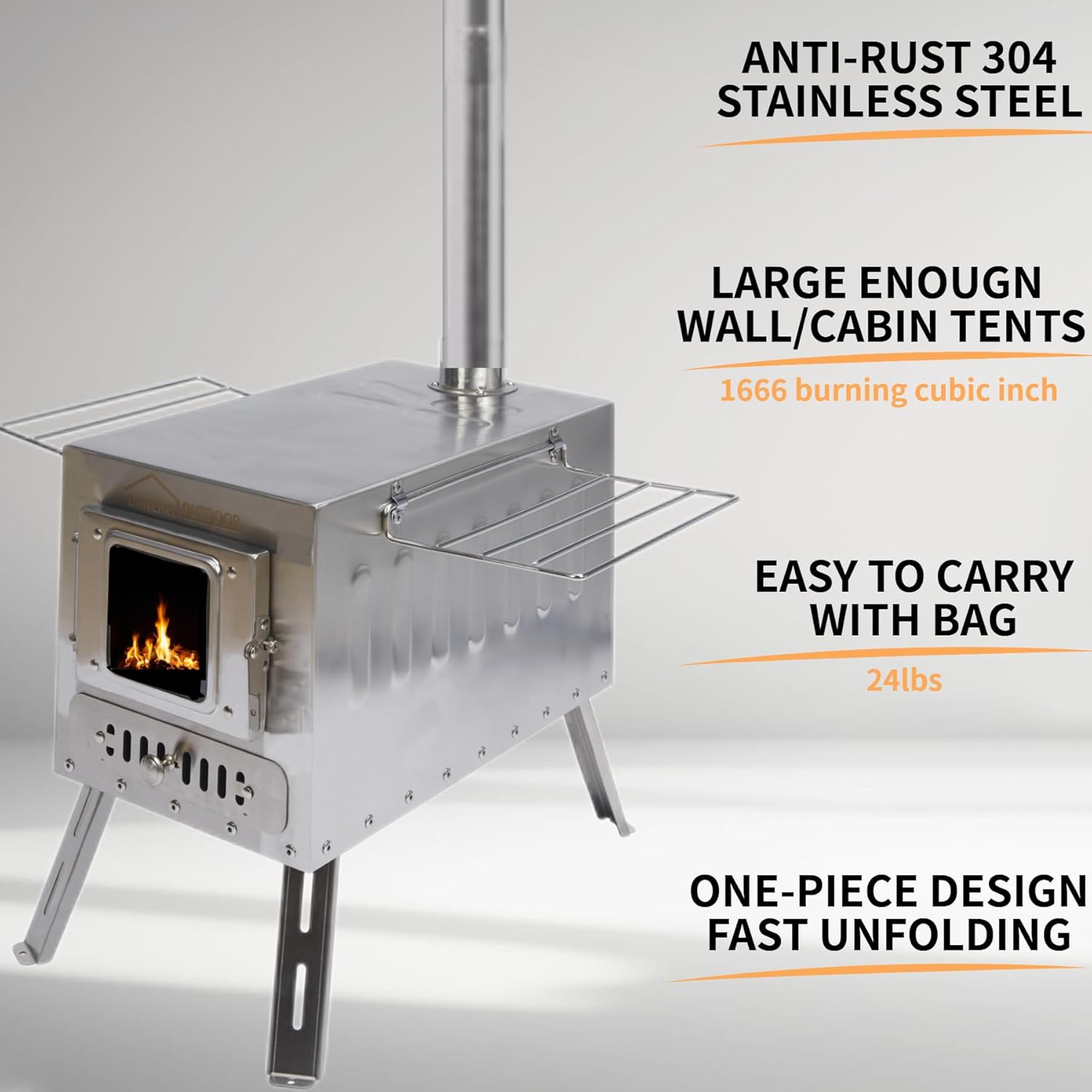DANCHEL OUTDOOR CS6 Portable Large Tent Stoves Wood Burning 1665 Cubic Inch Firebox, Hot Tent Stove Camping 304 Stainless Steel for Fishing/Hunting/Family Tents