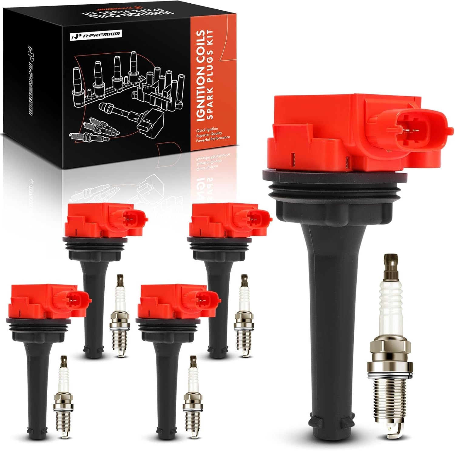 A-Premium (Red) Set of 10 Ignition Coil Pack and Iridium Spark Plugs Compatible with Volvo XC90 2003-2006, S60 2001-2005, S80 2004-2006, C70 1999-2004, XC70 2003-2006, V70 1999-2006, S70 1999-2000