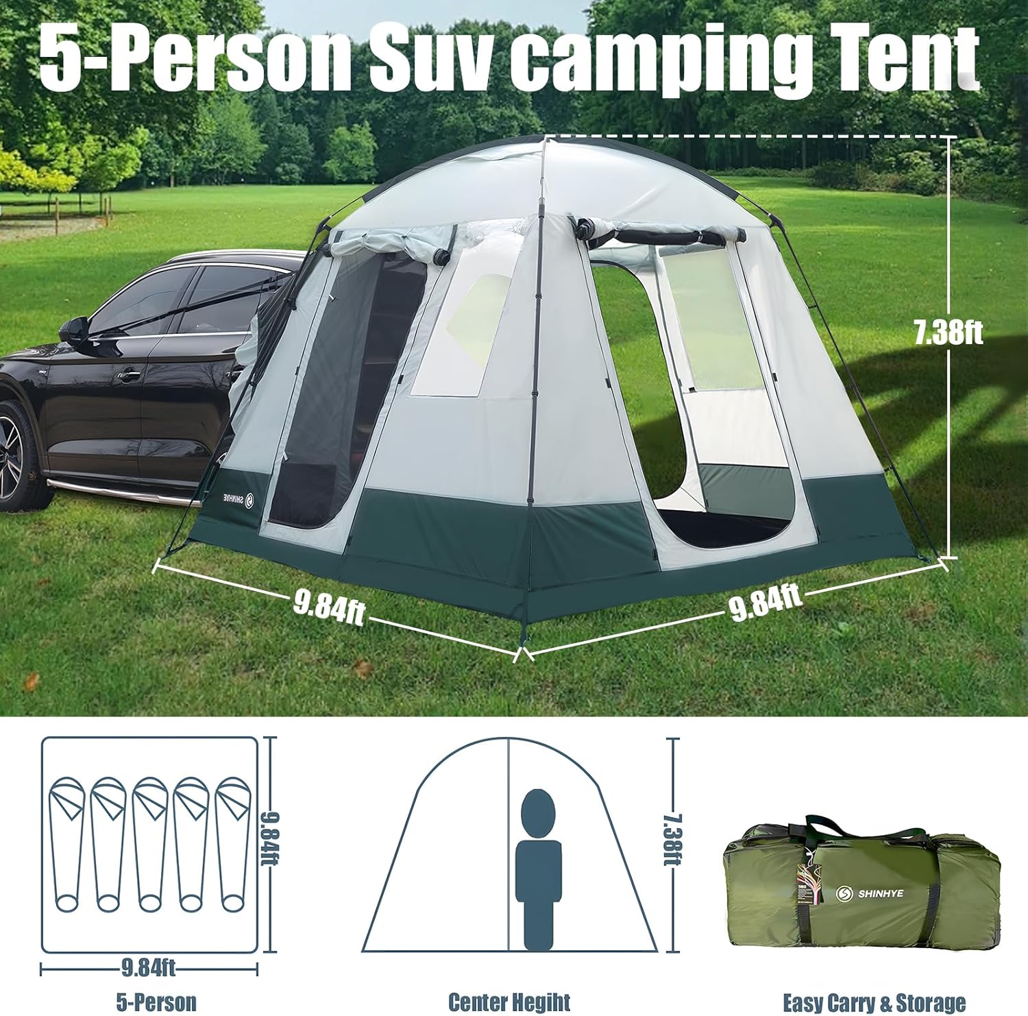 ShinHye SUV Tent for Camping with Porch, Waterproof PU5000mm Spacious 5 Person Car Tents for Camping SUV, Includes Rainfly and Storage Bag for Family Outdoor, 9.8' W X 9.8' L X 7.3' H, Green