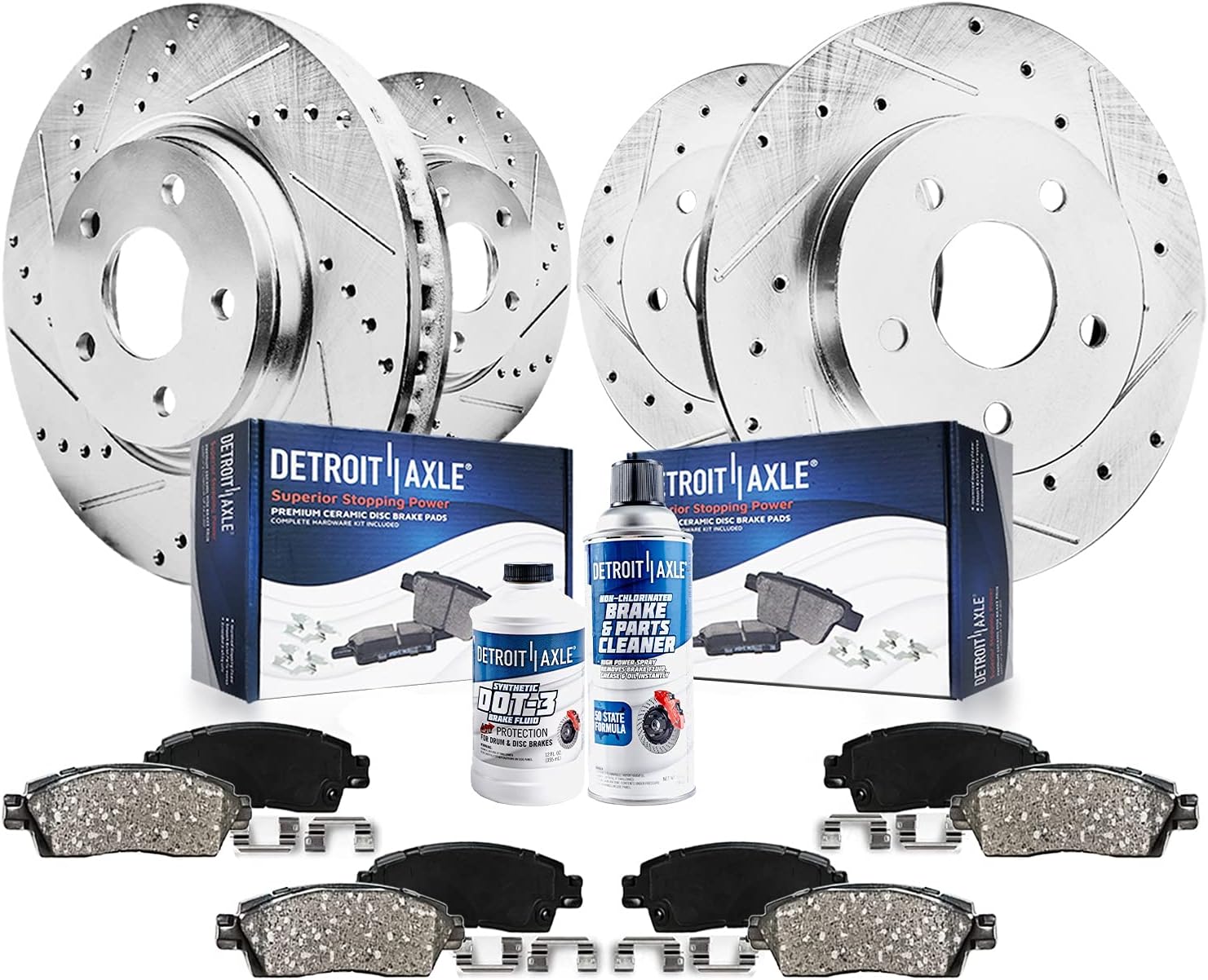 Detroit Axle - Brake Kit for 05-10 Jeep Grand Cherokee, 06-10 Commander Drilled & Slotted Disc Brakes Rotors 2005 2006 2007 2008 2009 2010 Ceramic Brake Pads Front and Rear Replacement
