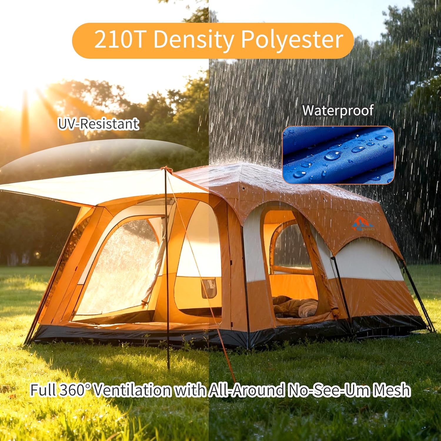 Large Family Camping Tent - 5-12 Person Multi-Room Waterproof Pop-Up Tent with Screened Porch - Glamping Tent for Outdoor Camping & Family Vacation