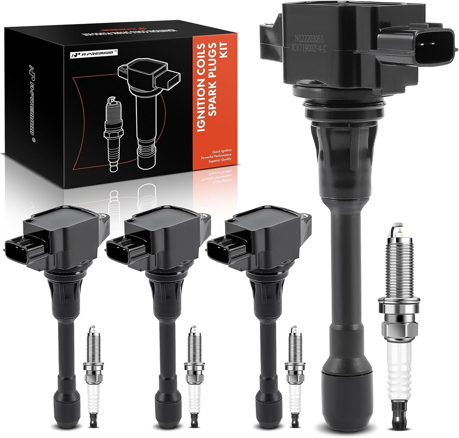 A-Premium Set of 4 Ignition Coil Pack and Iridium Spark Plugs Compatible with Nissan Versa 2012 1.6L 1.8L, 2013-2019 1.6L, Versa Note 2014-2019 1.6L, Micra 2015-2019 1.6L