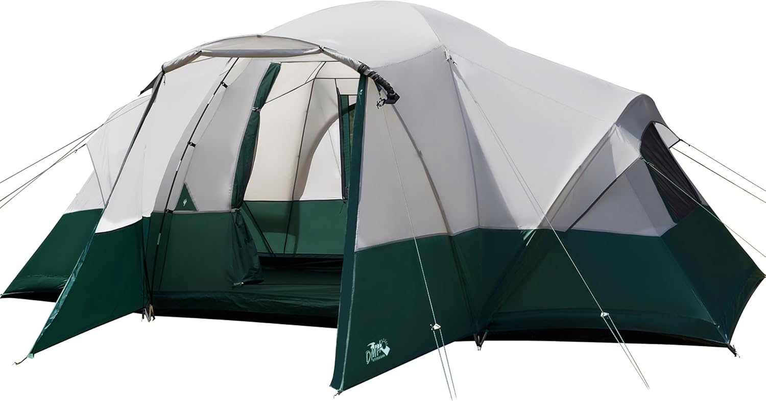 8 Person Camping Tent with Porch, Large Family Tents for Camping, PU1000MM Waterproof Tent with 5 Mesh Windows, Removable Rainfly, Reflective Windproof Rope, Big Dome Tent Fits 3 Queen Airbeds