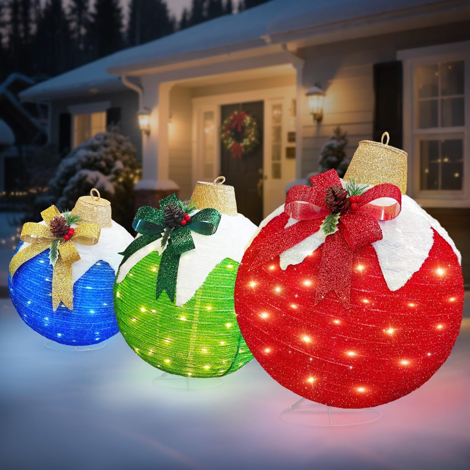 Christmas Outdoor Decoration 3-Pack Lighted Ornament Balls, LED Holiday Décor with Snowcap & Bow, Pop-Up Christmas Balls with Top Hanger Ring & Metal Bases for Indoor/Outdoor Lawn & Porch