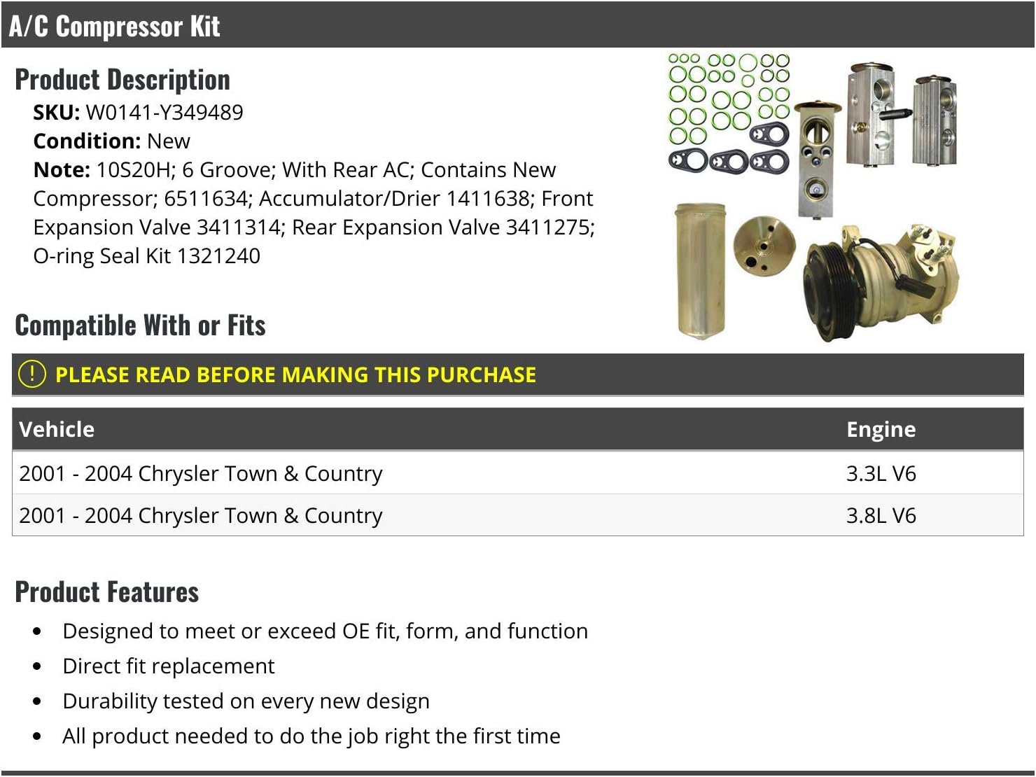 A/C Compressor Kit - Compatible with 2001-2004 Chrysler Town and Country