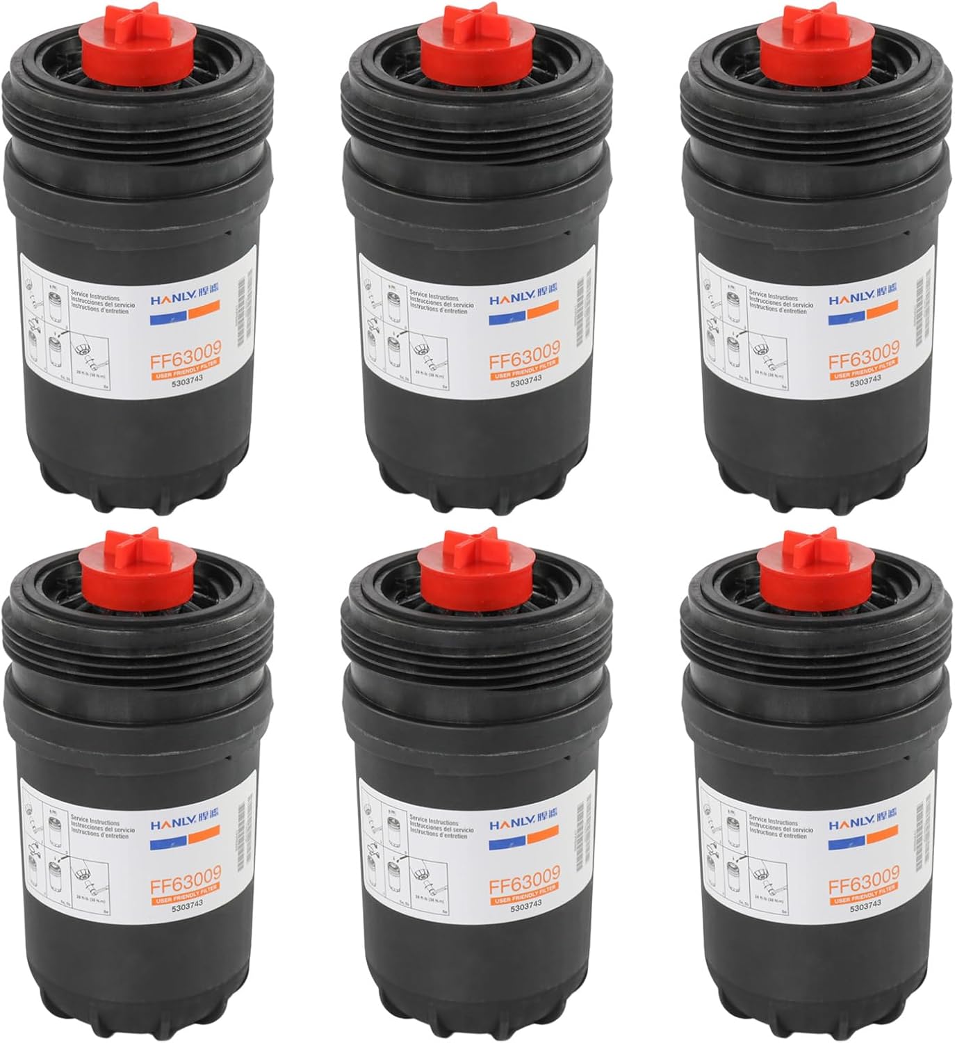 FF63009 Fuel Filter, Replacement for 2013-2020 Cummins B-Series and L-Series Diesel Engines, Water Separator 10 Micron Replace# 5303743, FF63008, FH22168, 6Pcs