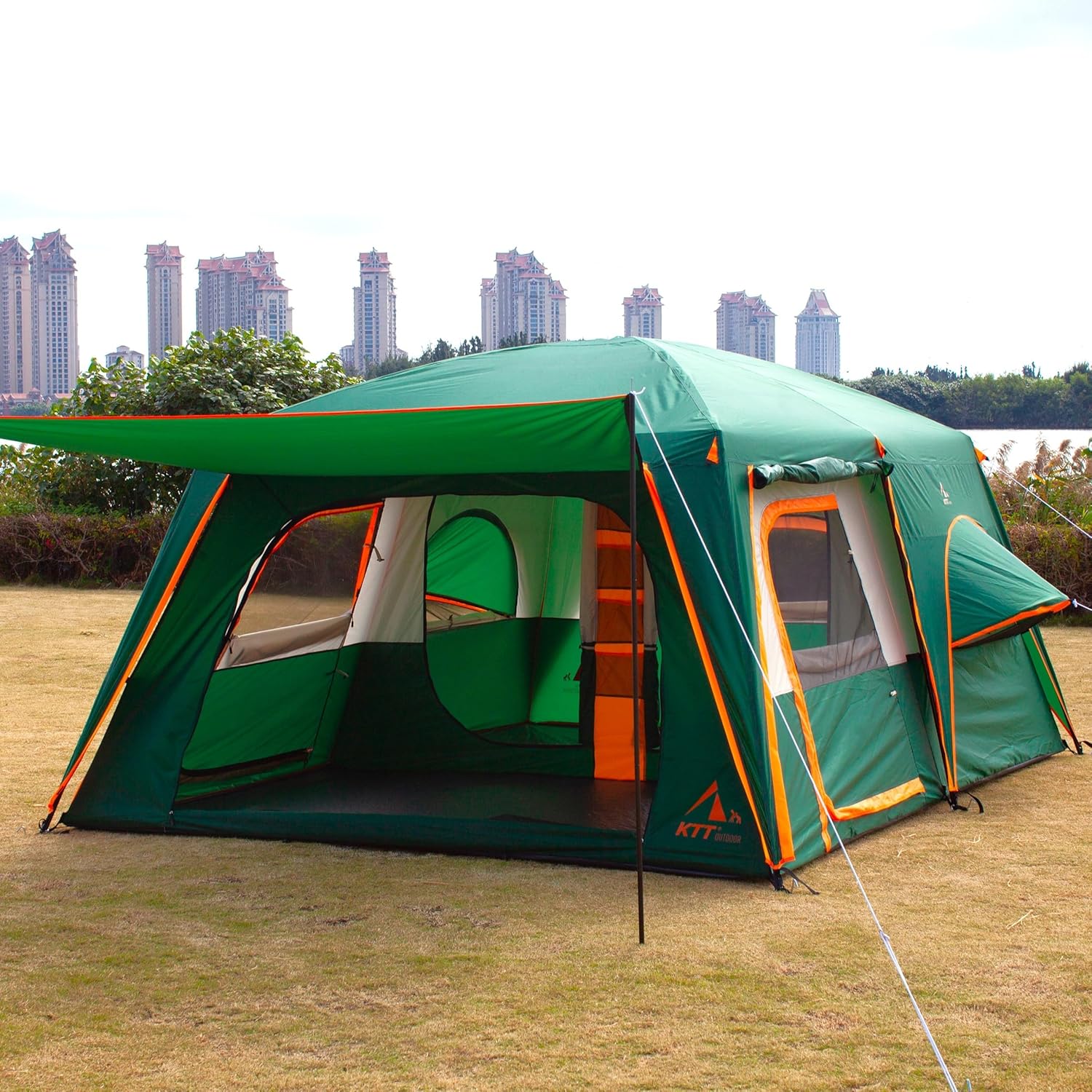 KTT Large Family Cabin Tent 10-12 Person,14.1X10X6.58ft,2 Rooms,3 Storage Pockets,2 Bay-Windows 3 Doors and 3 Windows with Mesh,Straight Wall,Waterproof,Double Layer,Big Tent for Outdoor,Camping