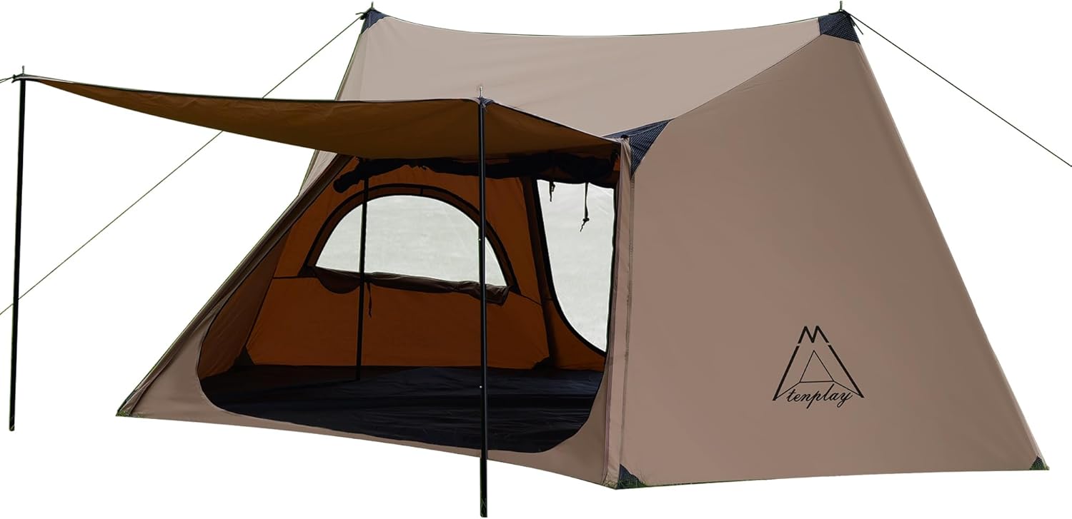 TENPLAY 210gsm TC Canvas Shelter,Waterproof 500mm,Camping Tent,1-2Person Backpacking Tent,Double Door&Window,Stove Jack,Fire-Retardant&Windproof,Portable,Easy Setup,4Season for Family Camping,Hiking