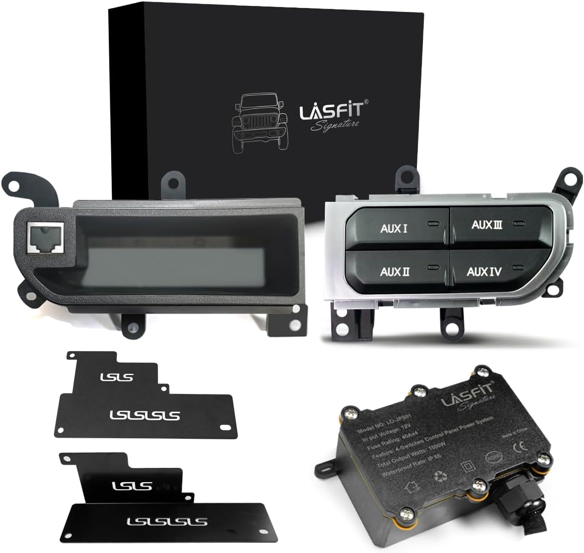 LASFIT Auxiliary Switch Bank Kit, OEM Style Plug&Play Aux Switch Panel Dash 4 Buttons with Left Storage Bin 4x30A for Wrangler JL 2018-2025 & Gladiator JT 2019-2025, Black
