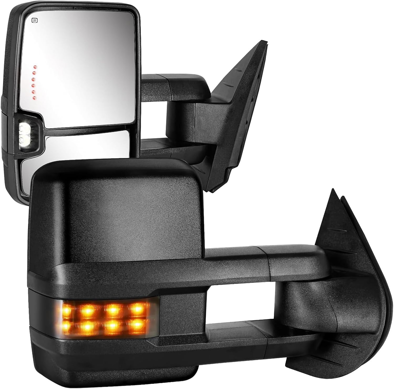 Paragon Towing Mirrors for 2007-13 Chevy Silverado 1500 / GMC Sierra 1500 & 2008-14 Silverado/Sierra 2500/3500 - Powered, Heated, Smoke Turn Signals, LED in Glass - Black Pair Set