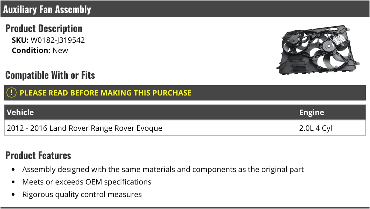 Dual Radiator Cooling Fan Assembly - Compatible with 2012-2016 Land Rover Range Rover Evoque 2.0L 4-Cylinder