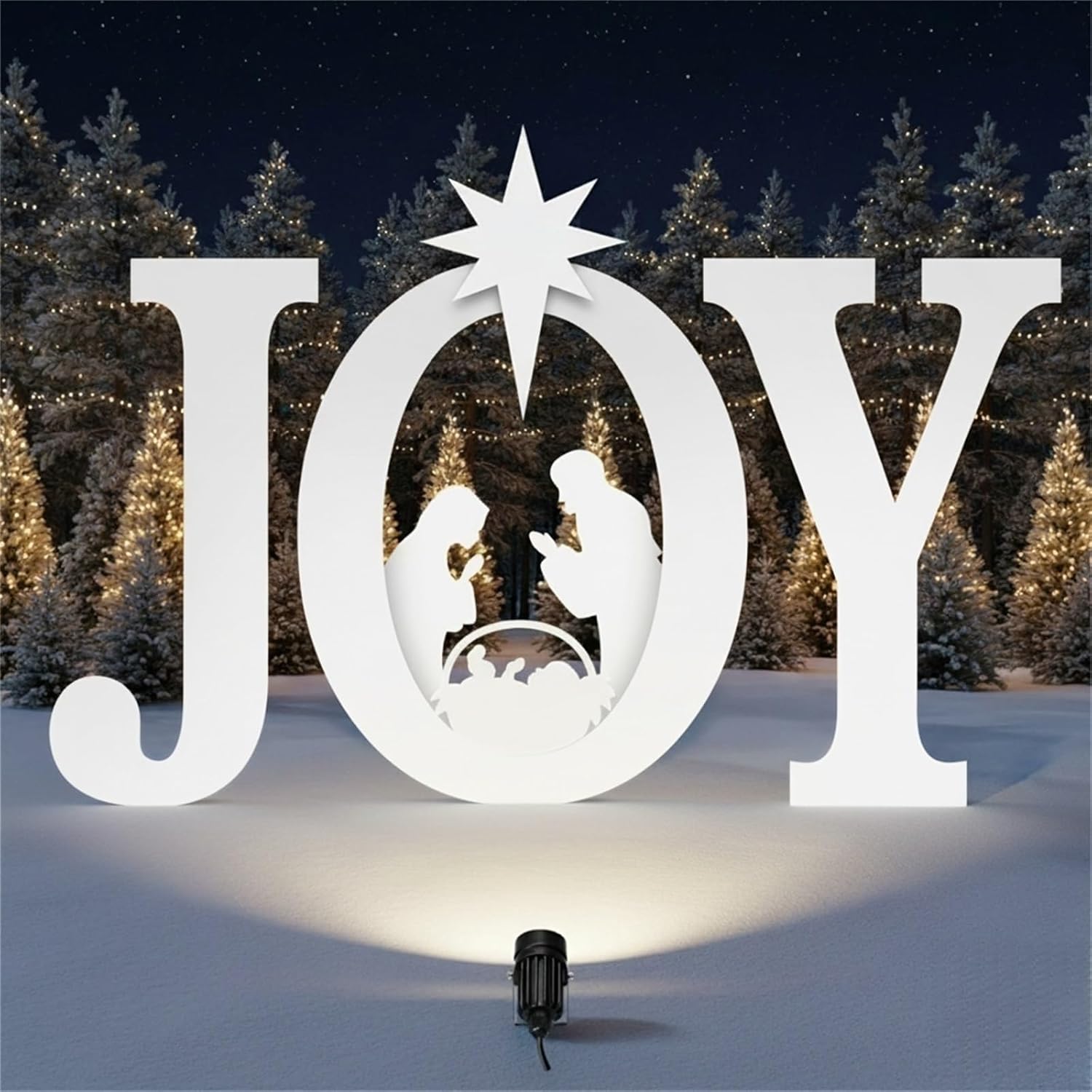 Christmas Joy Nativity Sign with Spotlight, Joy Christmas Nativity Scene Outdoor Decoration for Garden Lawn Yard, Weather Resistant PVC Silhouette Outdoor Decor, Red