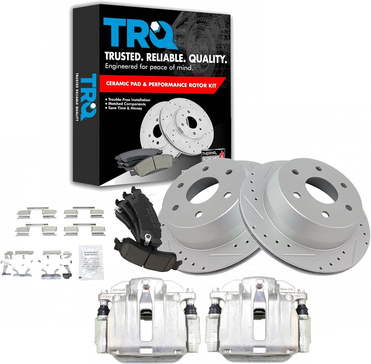 TRQ Rear Ceramic Pads Performance Drilled Slotted Zinc Coated Rotors & Calipers