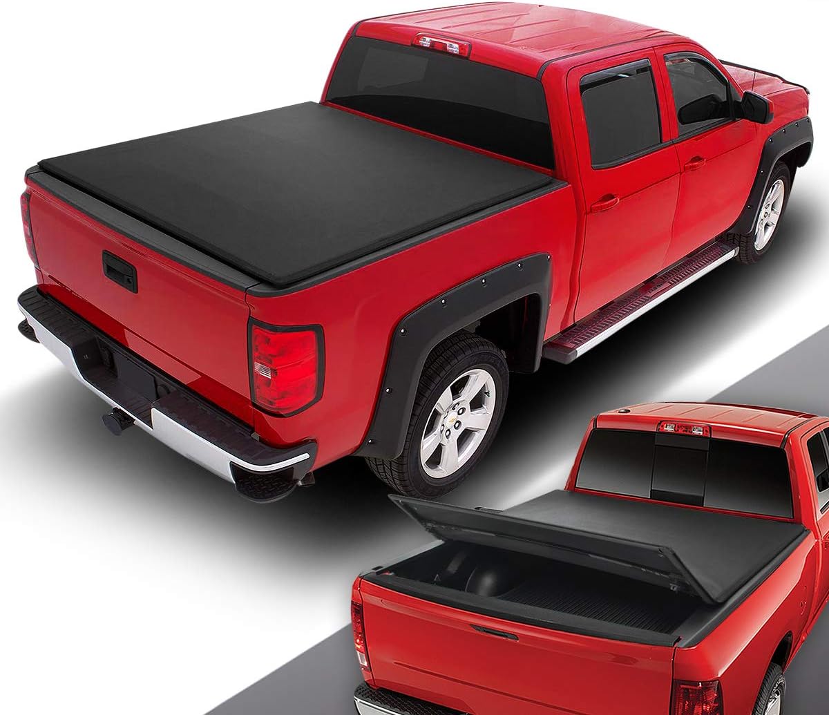 DNA Motoring TTC-TRISOFT-010 Pickup Truck Bed Soft Tri-Fold Adjustable Tonneau Cover Compatible with 04-14 Ford F150 8Ft Fleetside / Styleside Bed