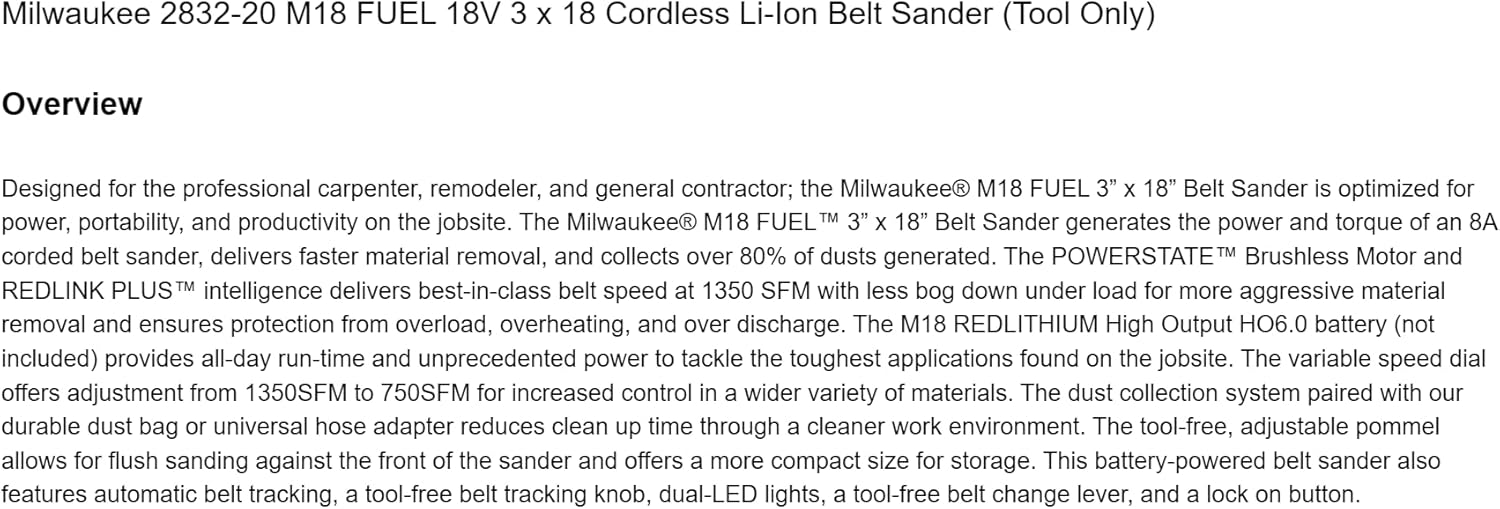 2832-20 M18 FUEL 18V 3 x 18 Cordless Li-Ion Belt Sander (Tool Only)，Replacement for Milwaukee OEM