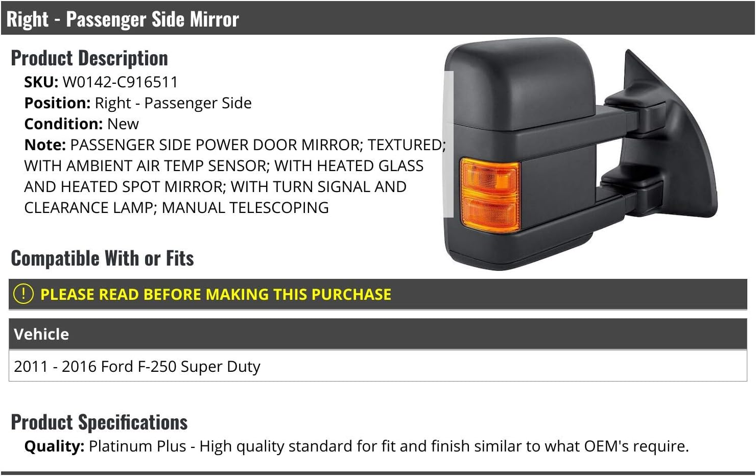 Right Passenger Side Power Mirror - Textured with Ambient Air Temperature Sensor, Heated Glass, Turn Signal & Clearance Lamp - Compatible with 2011-2016 Ford F-250 Super Duty