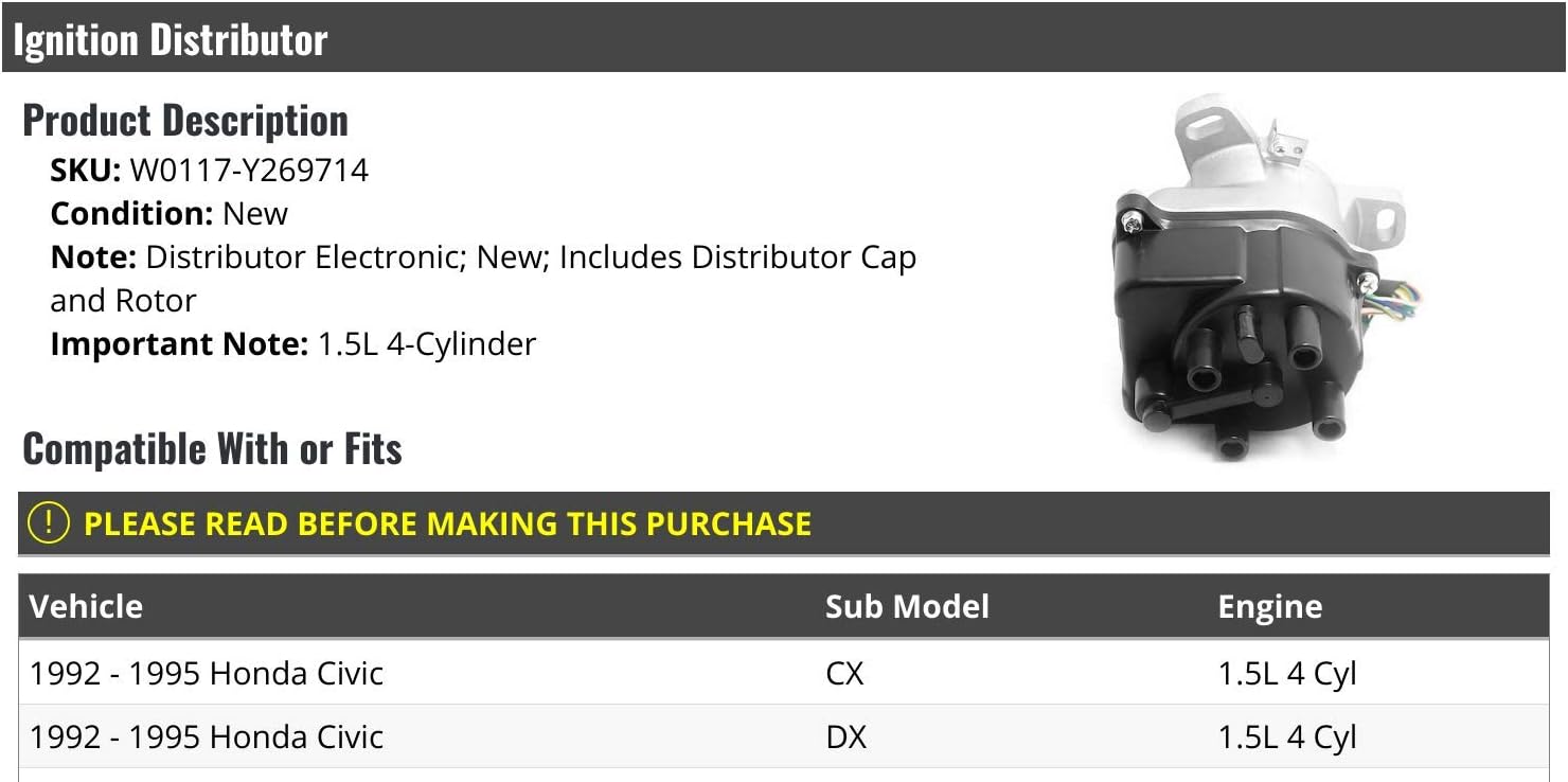 Electronic Ignition Distributor with Cap and Rotor - Compatible with 1992-1995 Honda Civic 1.5L 4-Cylinder