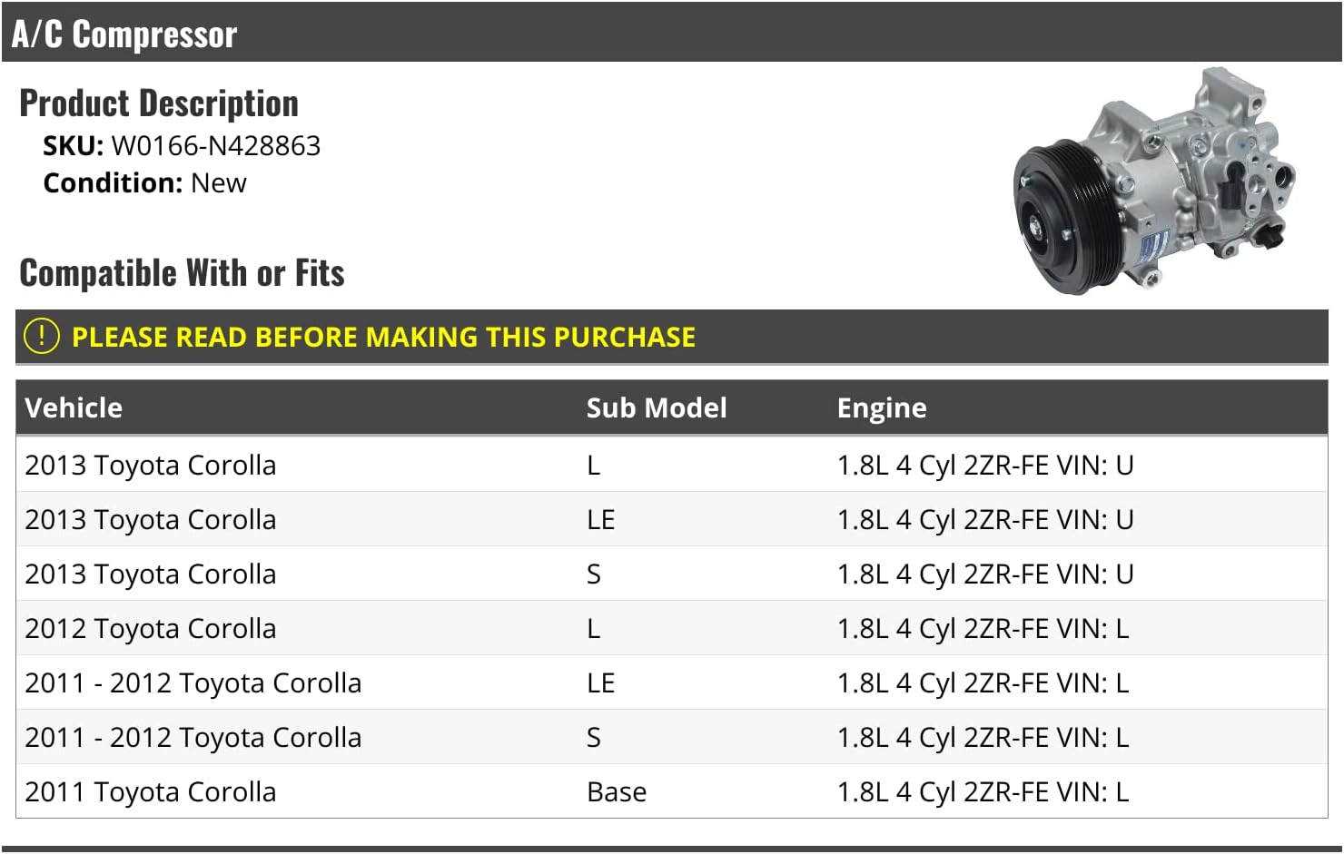 A/C Compressor - Compatible with 2011-2013 Toyota Corolla 1.8L 4-Cylinder