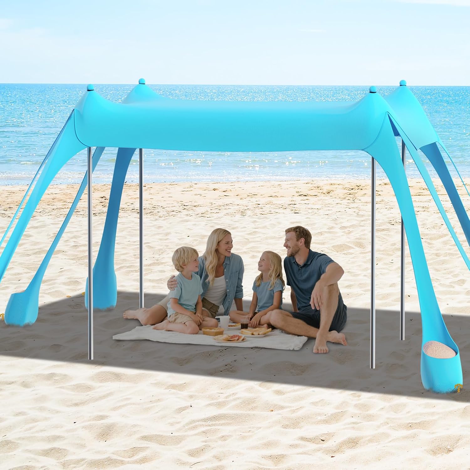 FAHKNS Beach Tent, Camping Sun Shade UPF50+ with 8 Sandbags, Sand Shovel, Ground Spikes and Stabilizer Poles, 10x10ft Beach Sunshade, Beach Tent for Camping, Fishing and Picnicking (Blue)