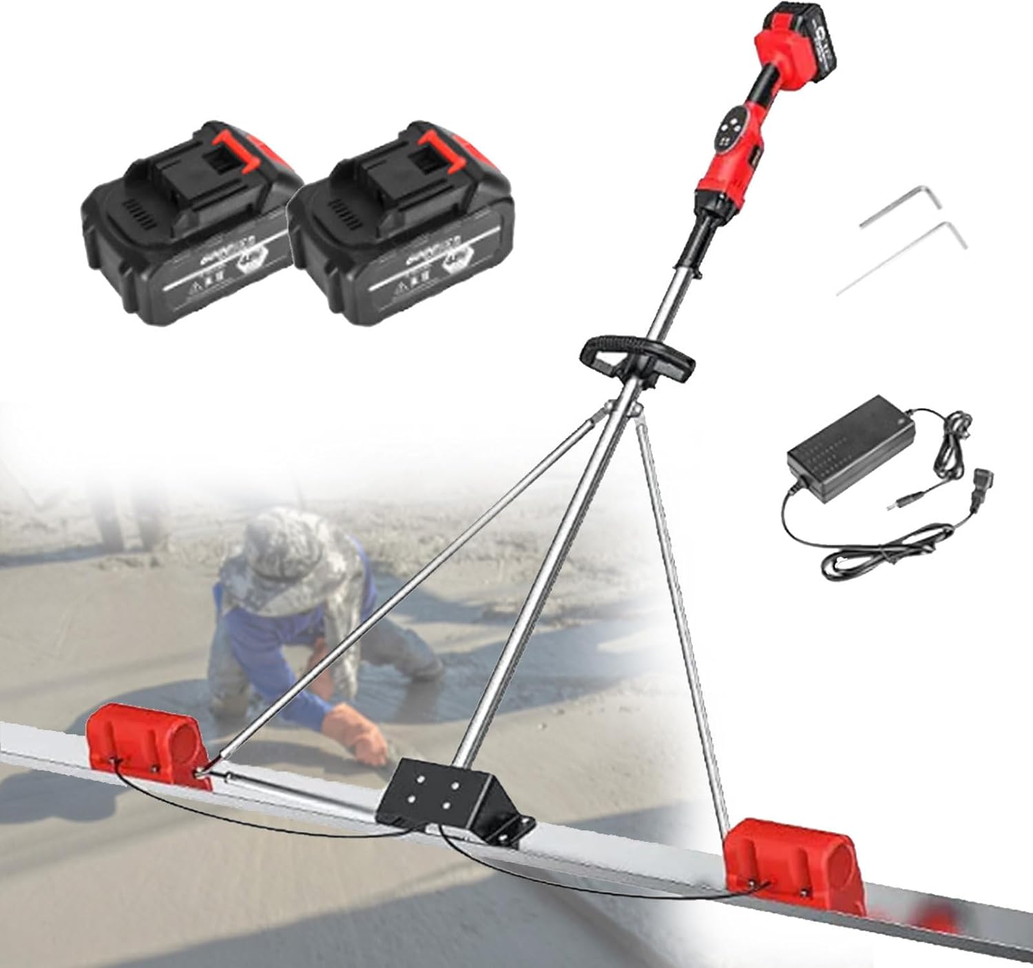 Power Concrete Screed Vibratory Kit, Portable Electric Concrete Finishing Tool, with Board and Leveling Ruler, for Construction Sites 2*Battery-2M