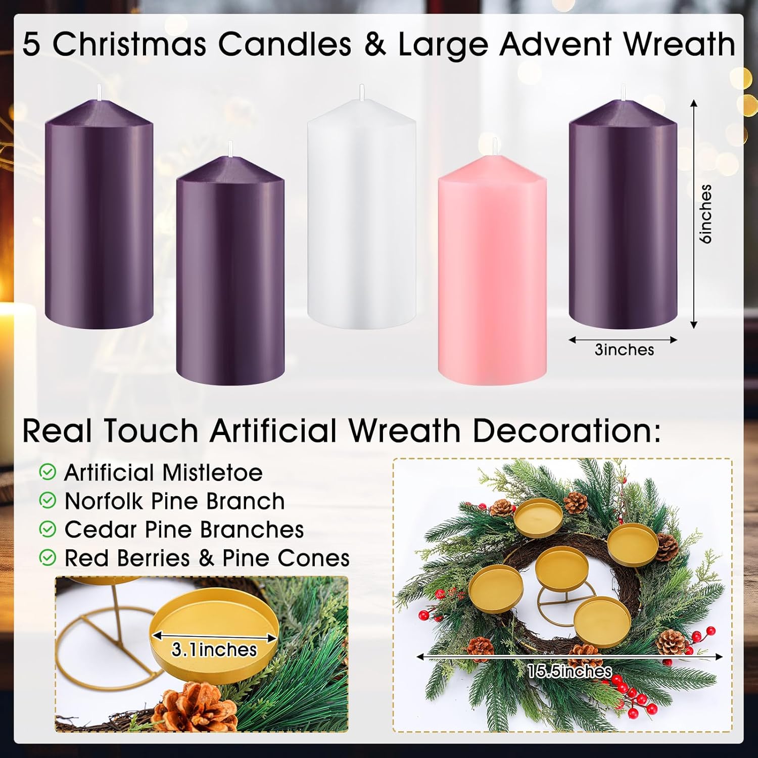7 Pcs Christmas Advent Wreath Set with 3x6'' Pillar Candles Rustic Advent Wreath Candleholder and Pillar Candles Unscented Christmas Centerpiece Table Decor for Holiday Church Home(Gold)