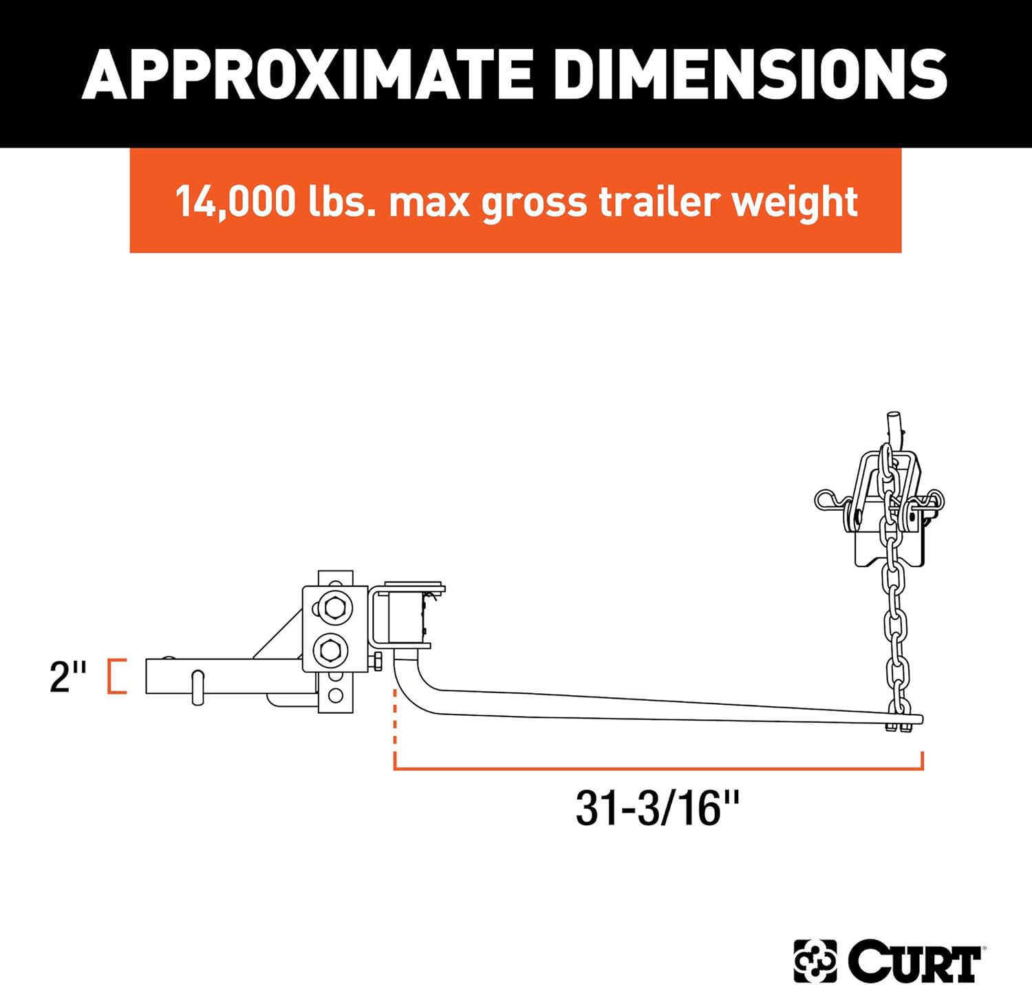 CURT 17057 Round Bar Weight Distribution Hitch with Integrated Lubrication, Up to 14K, 2-Inch Shank, Black